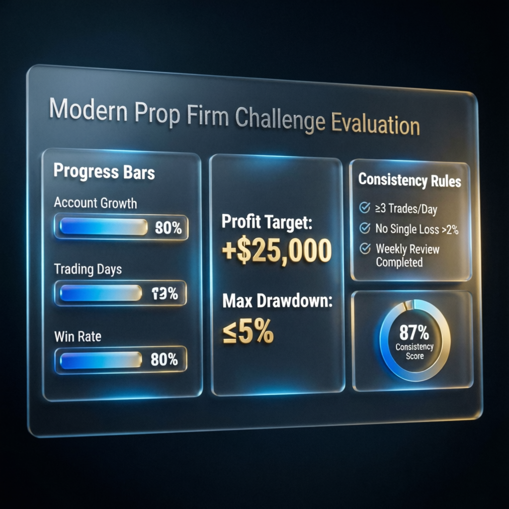 Modern prop firm challenge evaluation screen showing progress bars and consistency rules