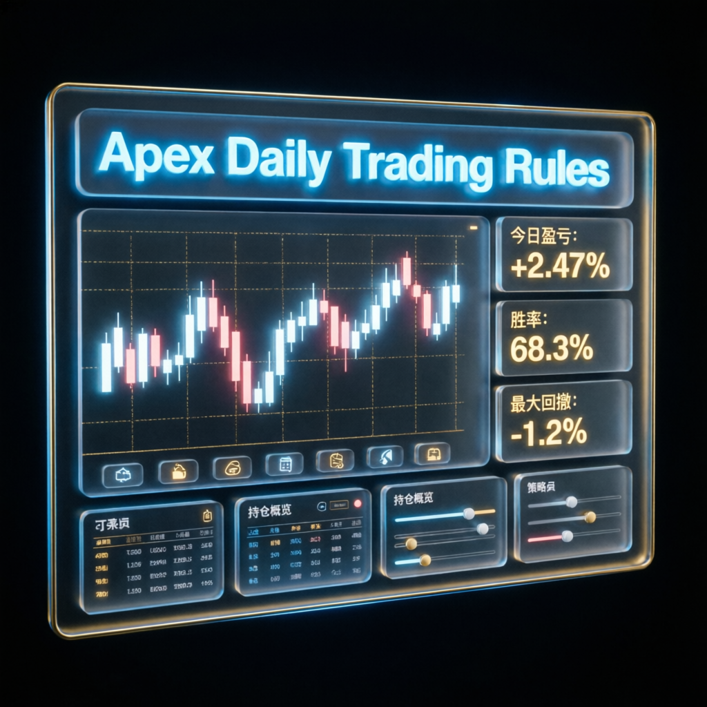 Apex Daily Trading Rules Dashboard showing profit metrics, win rate, and drawdown limits
