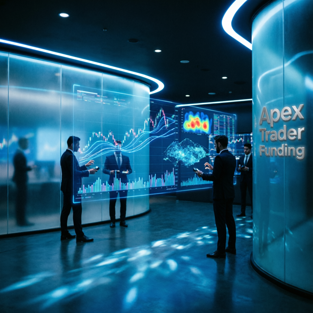 Futuristic Apex Trader Funding trading floor with holographic charts
