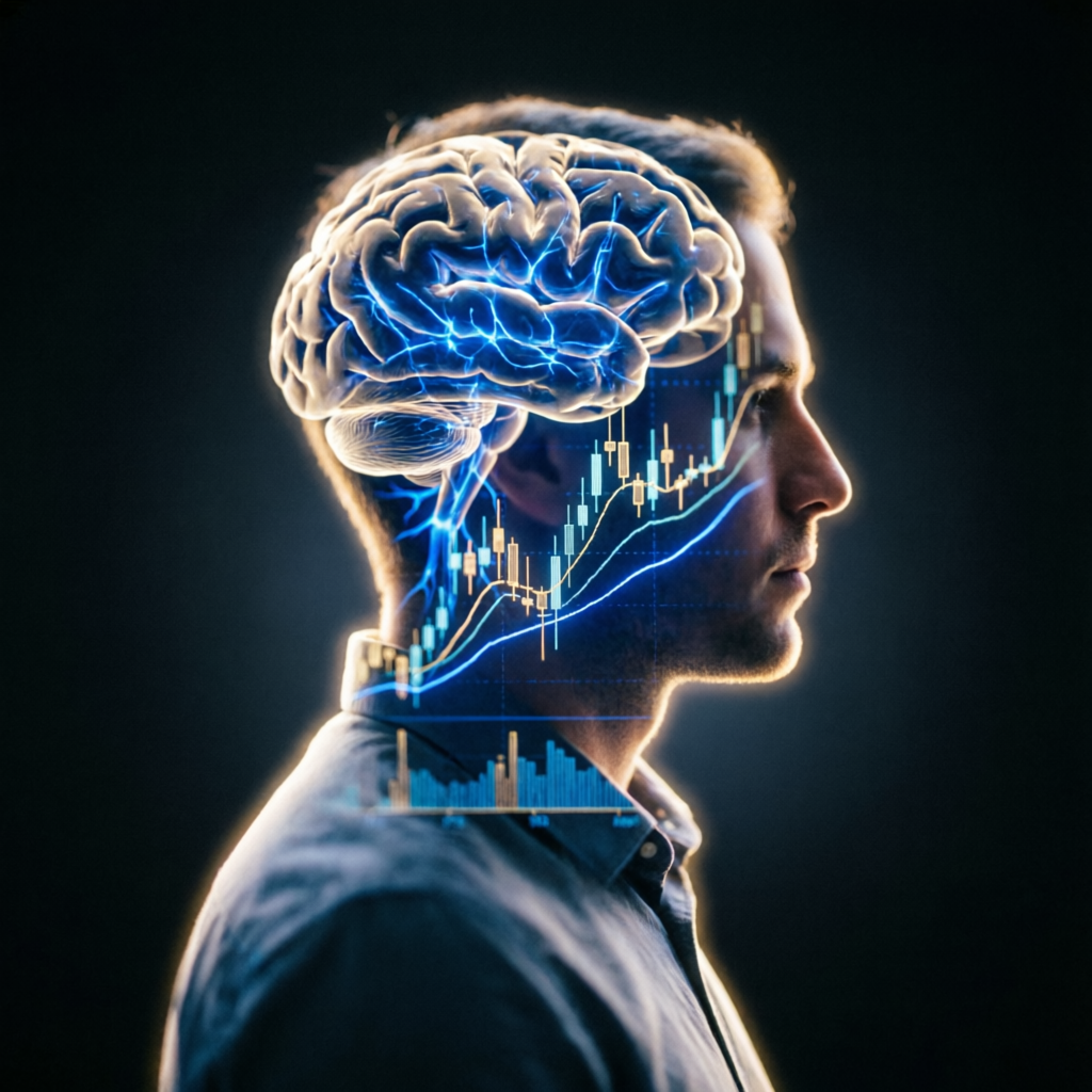 Trading psychology visualization showing brain with trading charts representing mental discipline