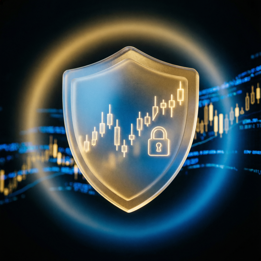 Glassmorphism shield protecting trading capital representing risk management in Apex Trader Funding