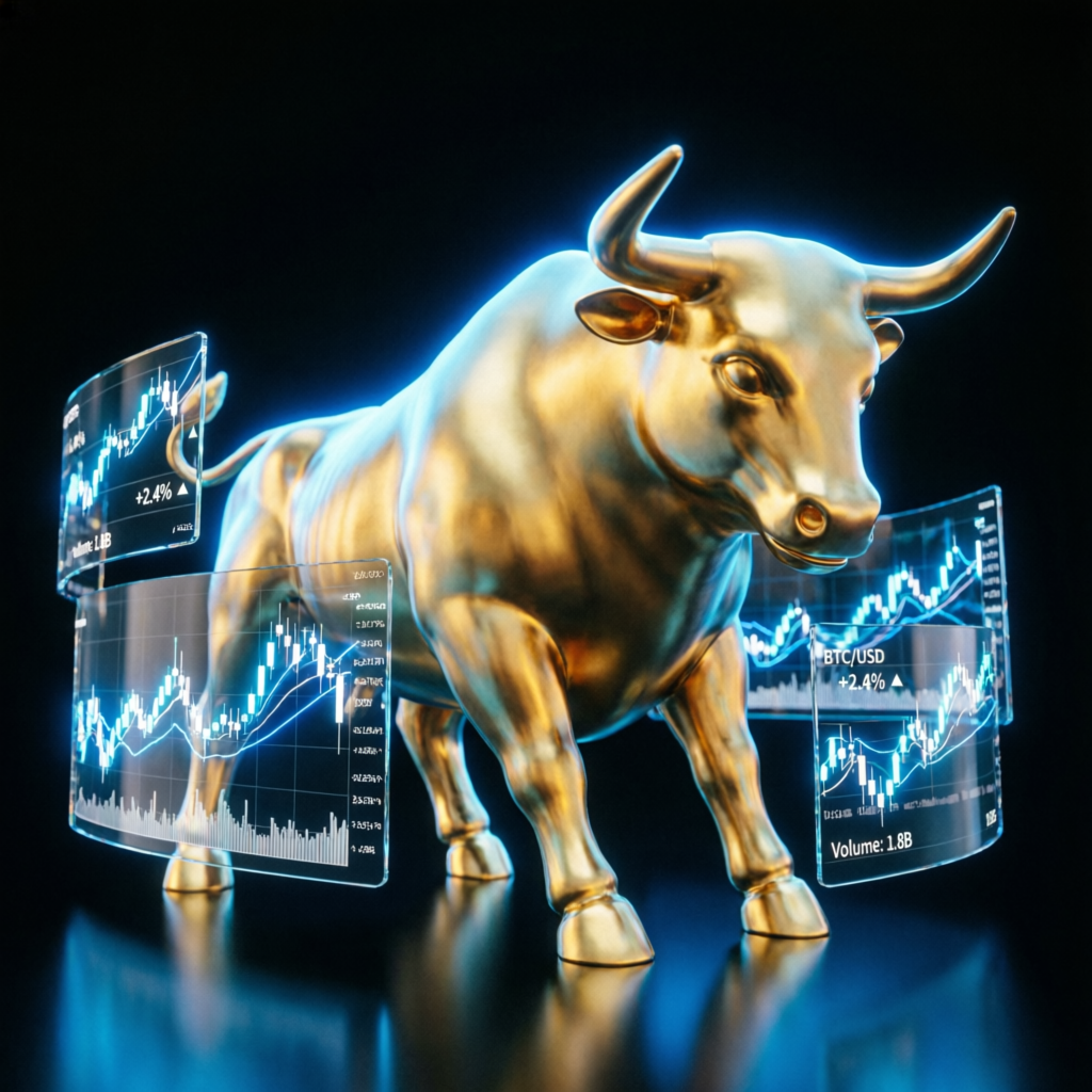 Golden bull with holographic trading charts representing Apex Trader Funding market opportunity
