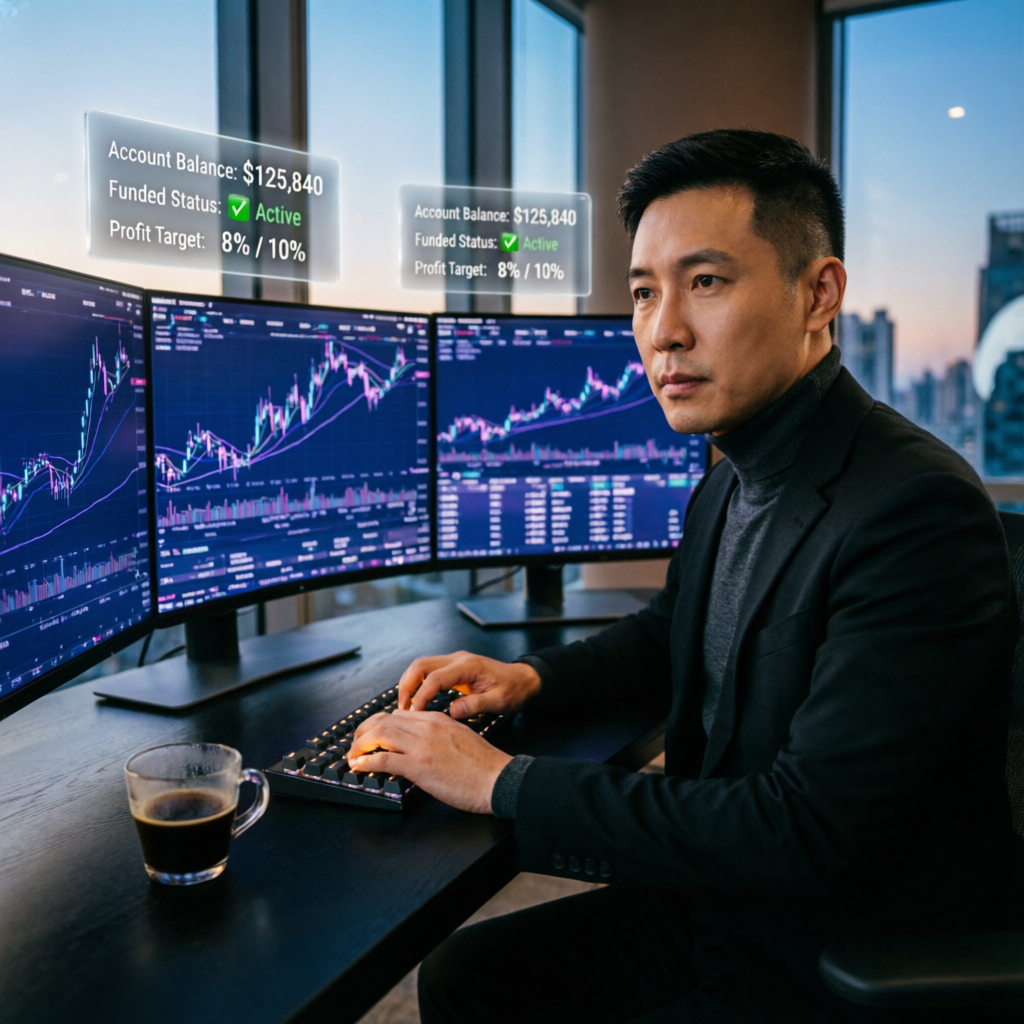 Professional forex trader analyzing Apex Trader Funding charts on multi-monitor setup