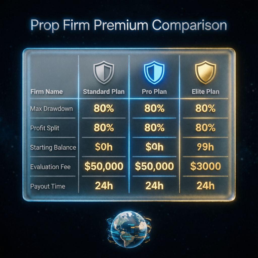 Prop firm premium comparison table showing features across different plans