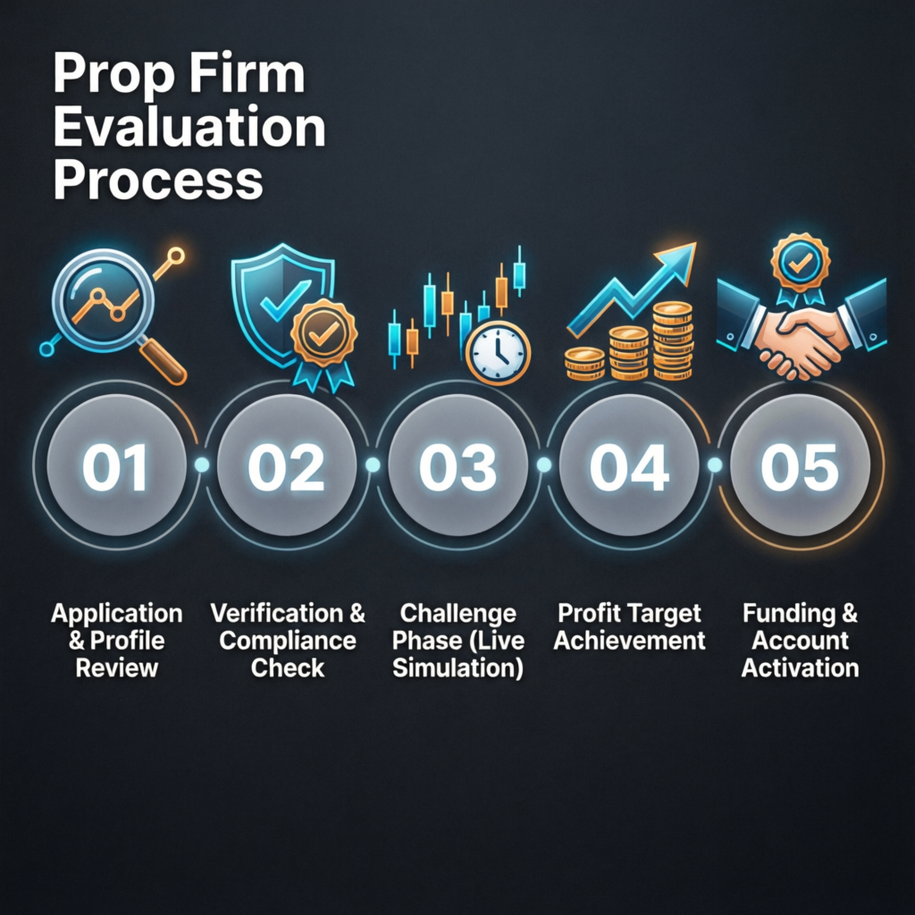 Prop Firm Evaluation Process infographic showing 5 steps