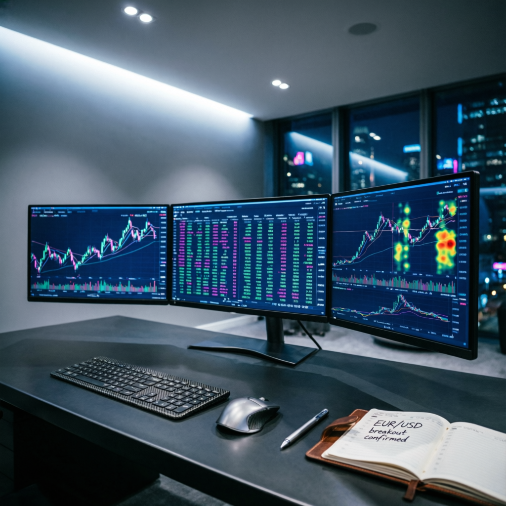 Professional trading setup with multiple monitors displaying forex charts for E8 Markets evaluation