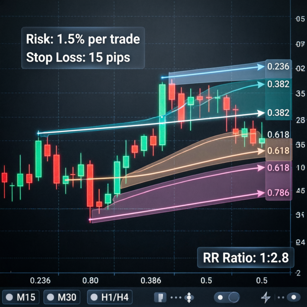 Forex trading strategy chart with risk management overlays and Fibonacci levels