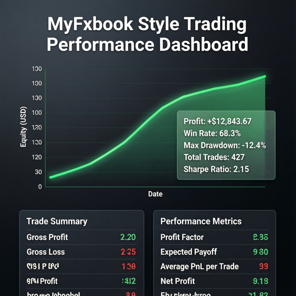 MyFxbook style trading performance dashboard showing verified results