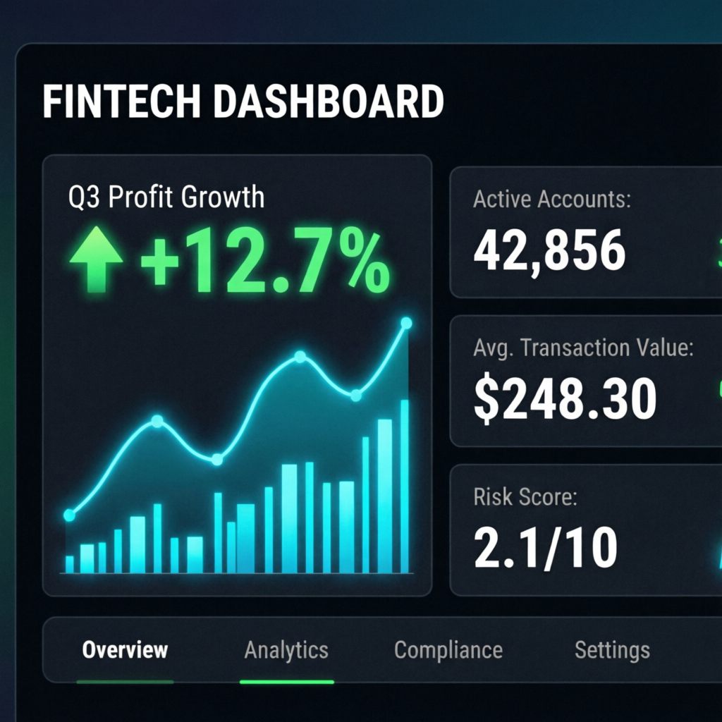 Fintech dashboard showing profit growth and account management metrics for E8 Markets