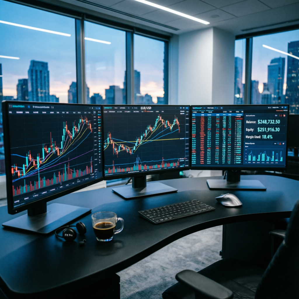 Professional trading desk with multiple monitors showing forex charts and prop firm dashboard