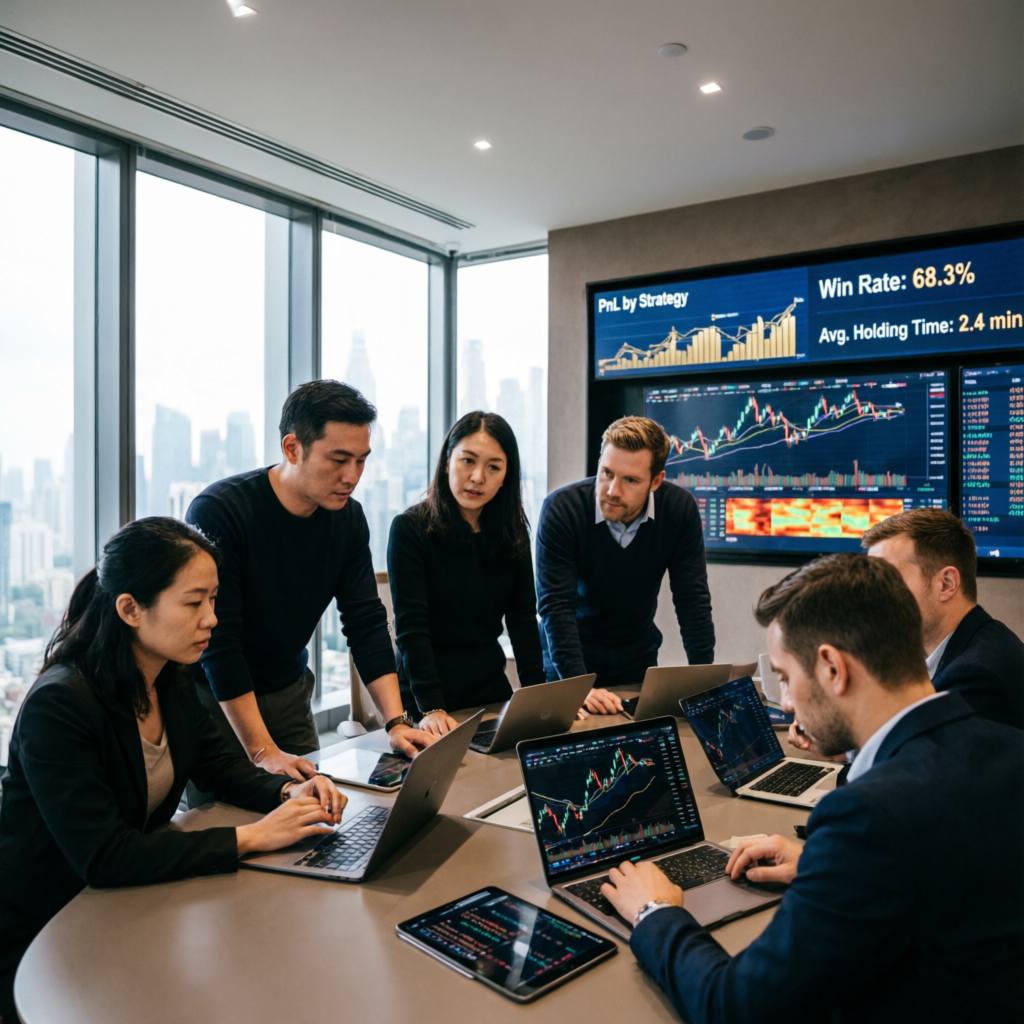 Professional financial team analyzing prop firm trading data in modern office