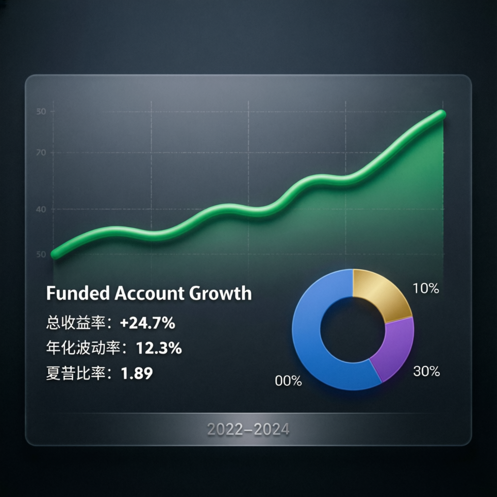 Funded account growth portfolio dashboard showing ascending equity curve