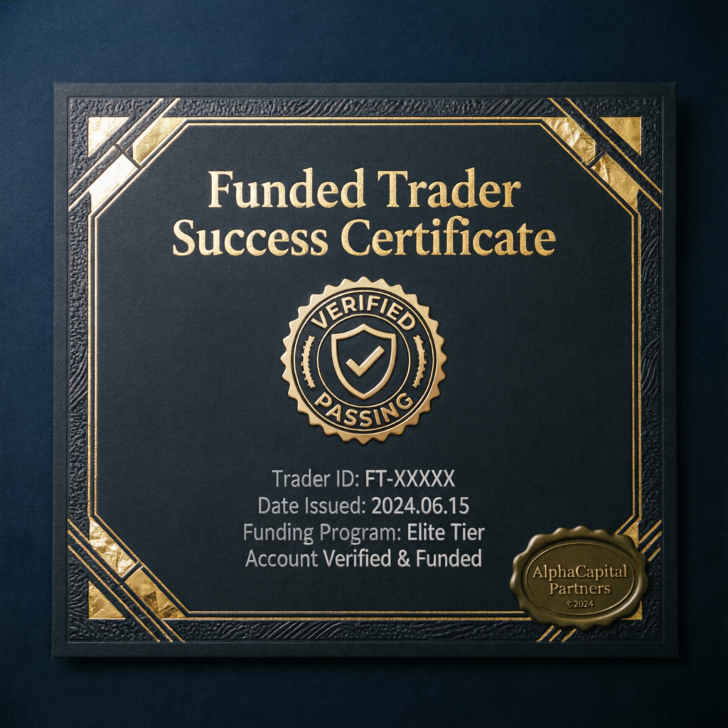 Funded Trader Success Certificate with verified passing badge