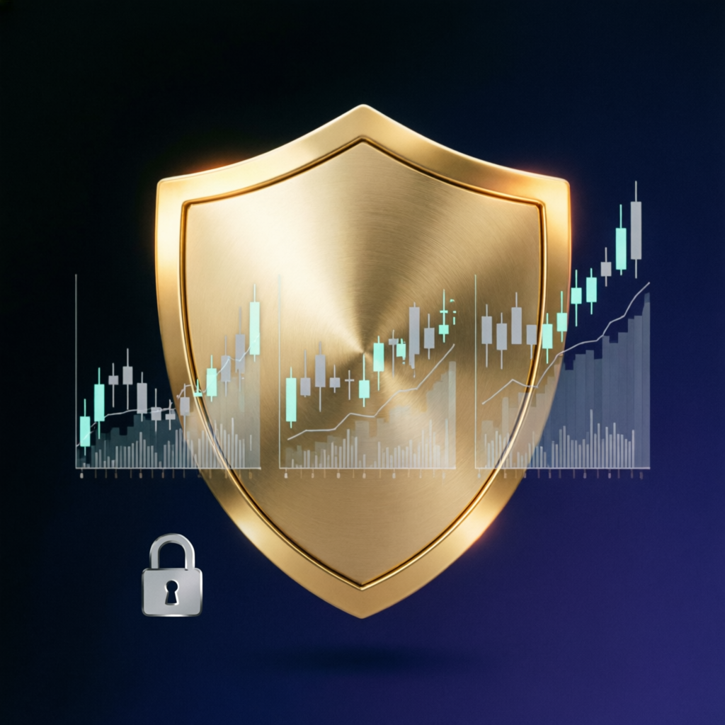 Risk management concept with golden shield protecting forex charts