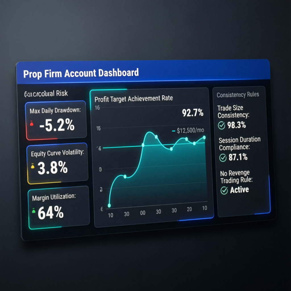 Prop firm account dashboard showing risk metrics and profit targets