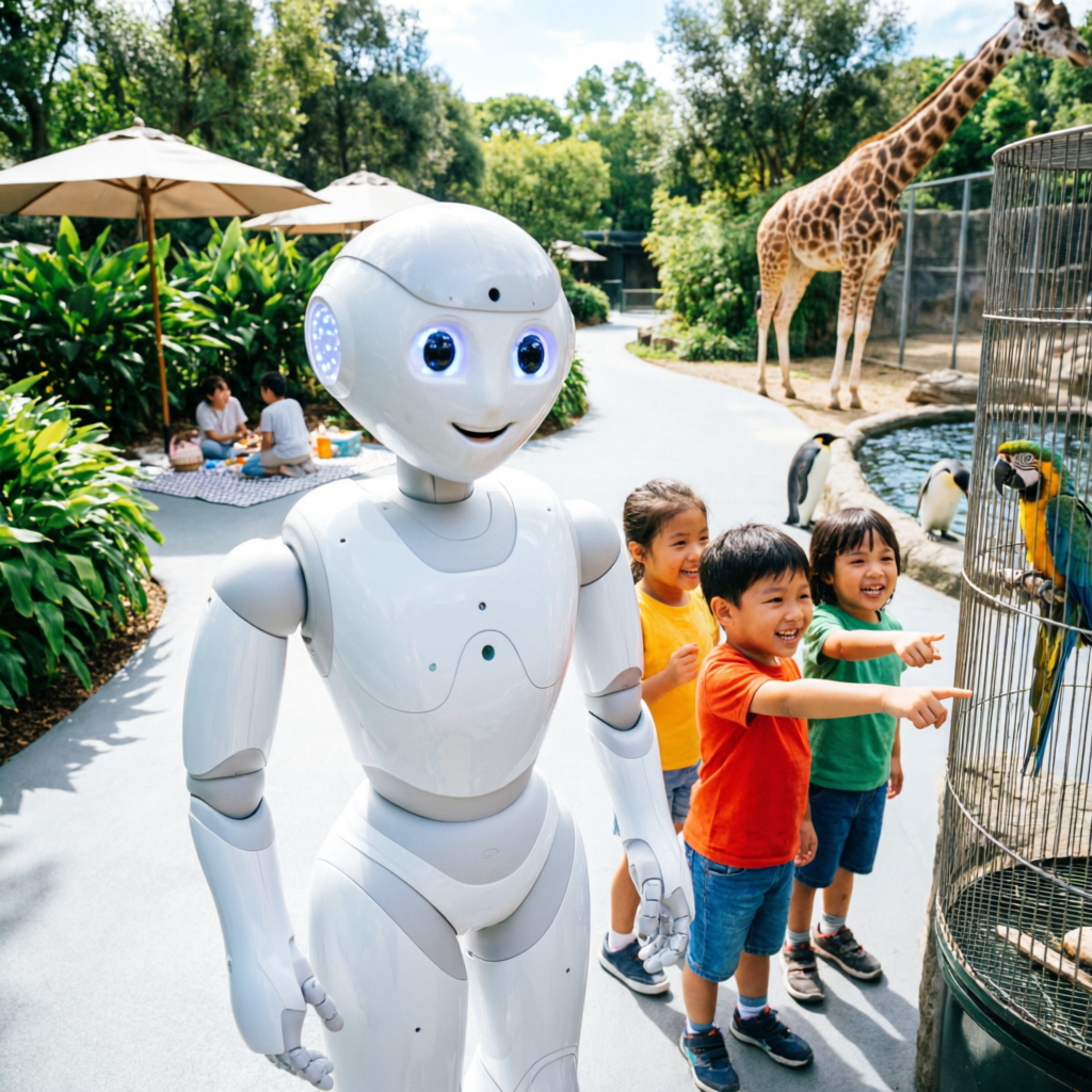 Friendly humanoid robot at a zoo with children looking at animals