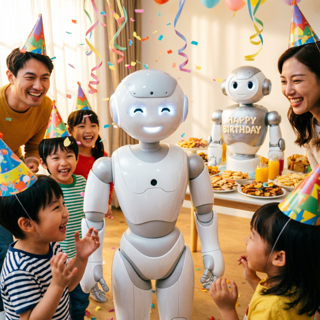 Joyful humanoid robot at a children's birthday party surrounded by excited kids and smiling parents