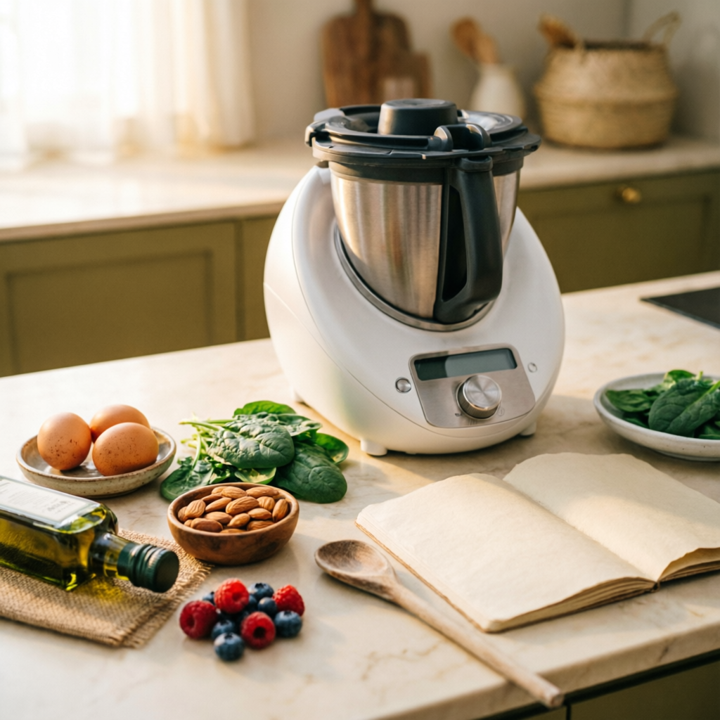 Cucina italiana con robot da cucina Bimby e ingredienti keto freschi