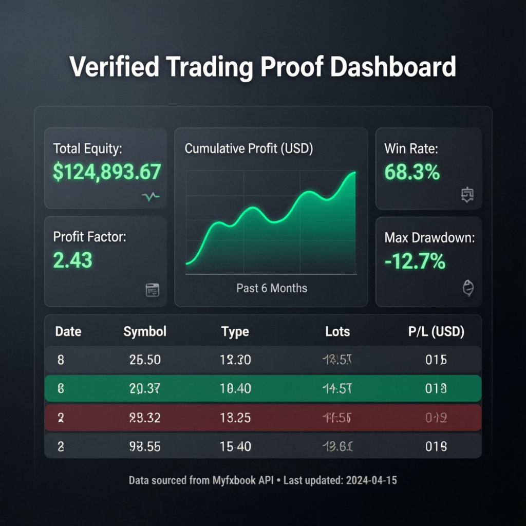 Verified trading proof dashboard showing performance metrics