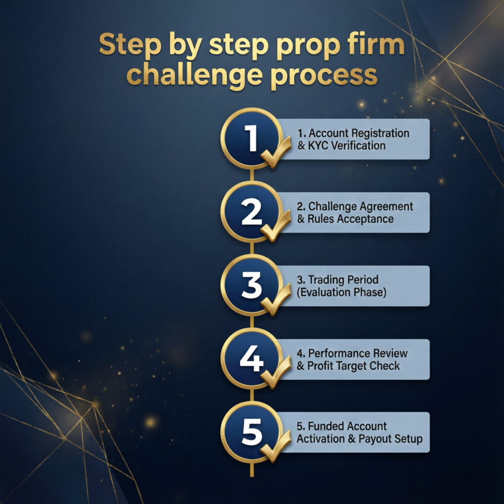 Step by step prop firm challenge process illustration
