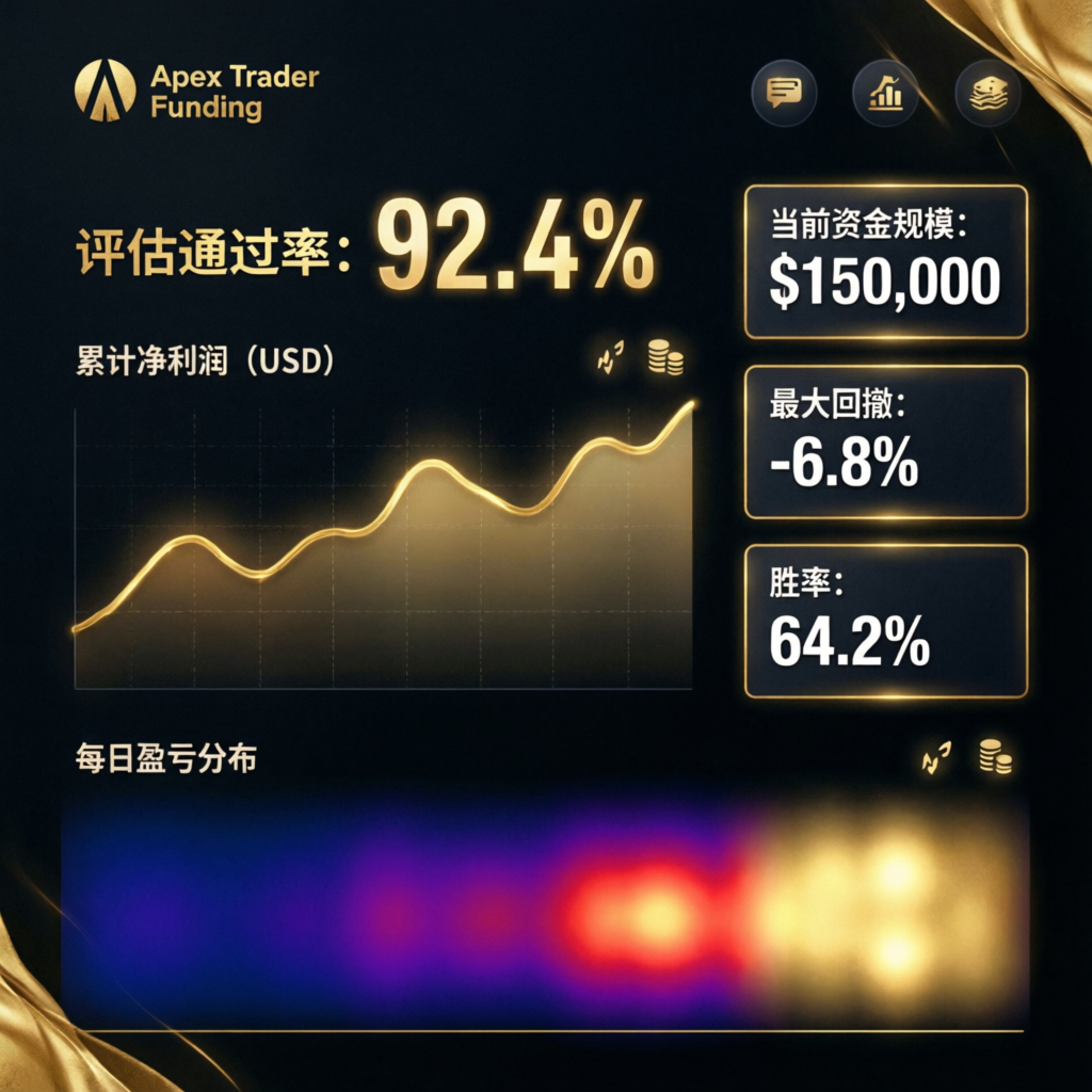 Apex Trader Funding Dashboard showing evaluation metrics and profit charts