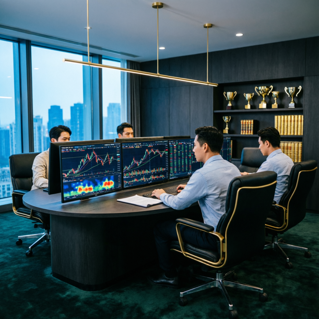 Professional account management team monitoring markets