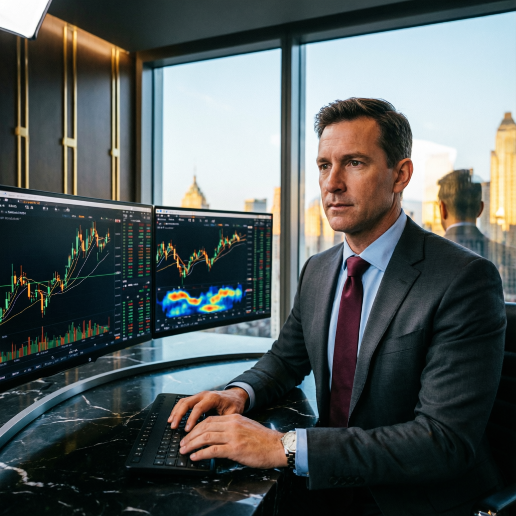 Professional forex trader at premium trading desk