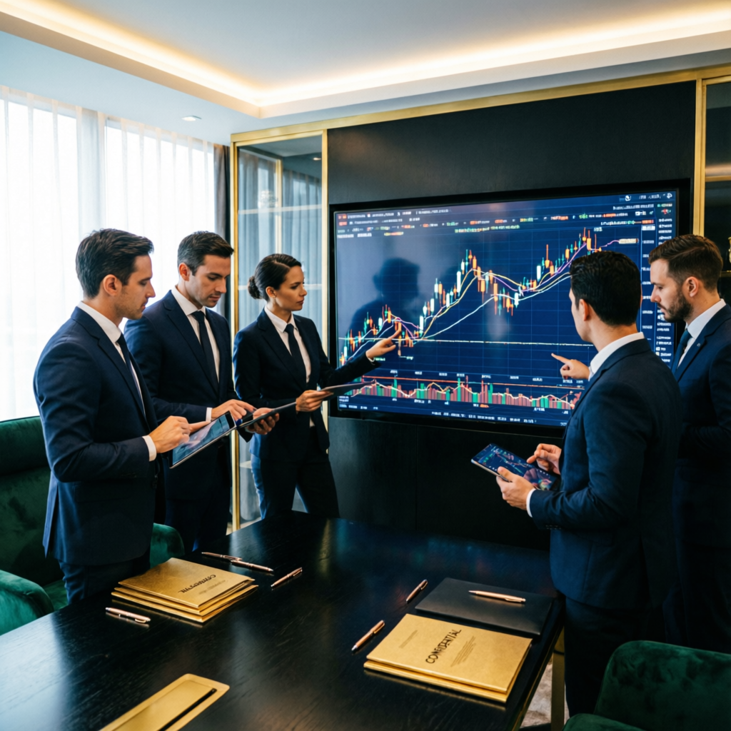 Professional trading strategy team meeting