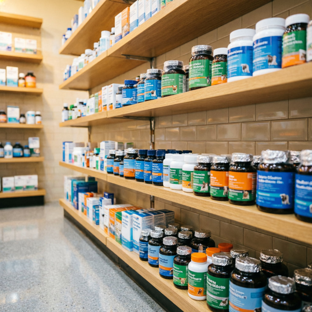 Veterinary medicine shelves for animal care at Raj Medicose pharmacy Nayakheda