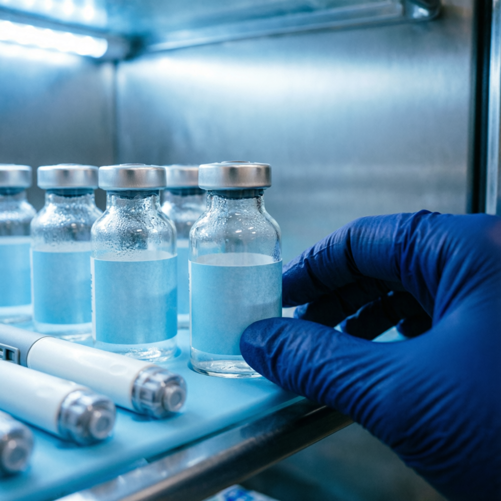 Human vaccines stored in cold chain at Raj Medicose pharmacy Nayakheda