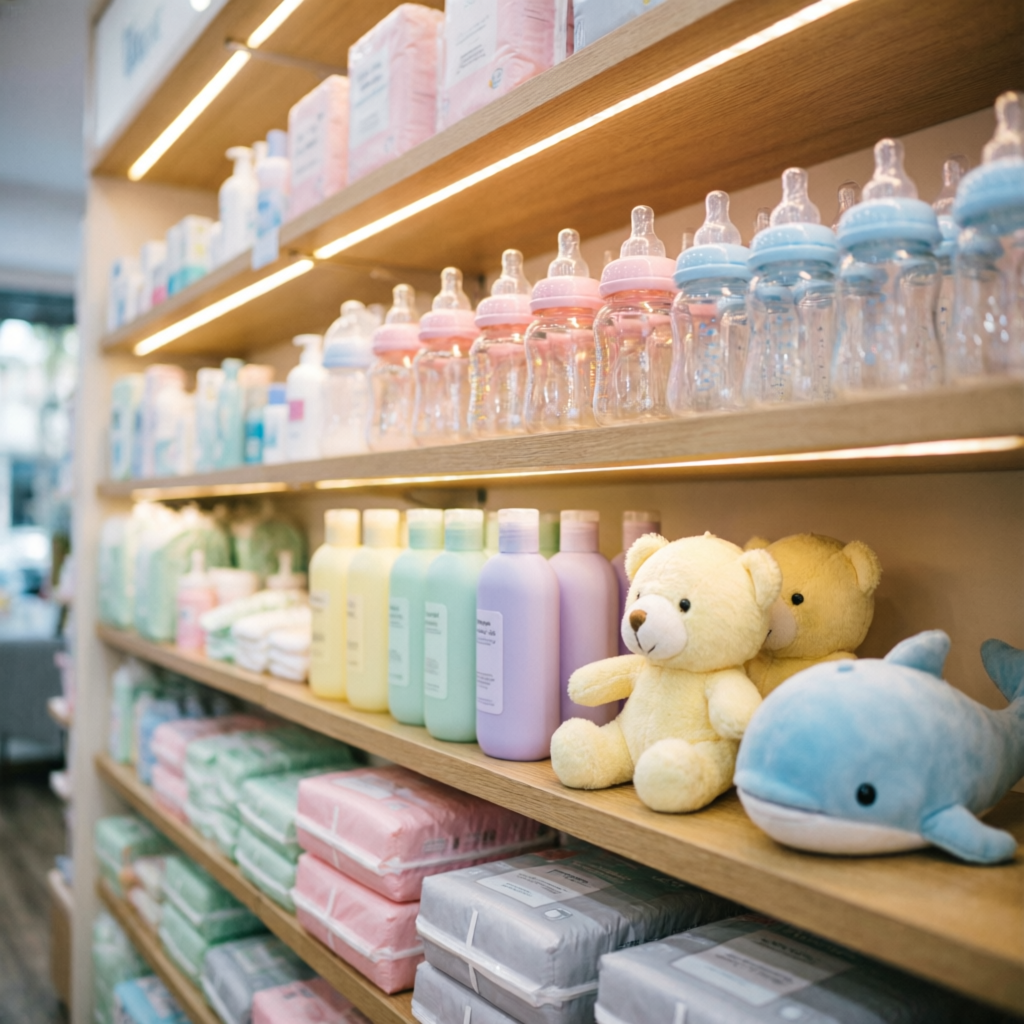 Baby care section with bottles, lotions and diapers at Raj Medicose pharmacy