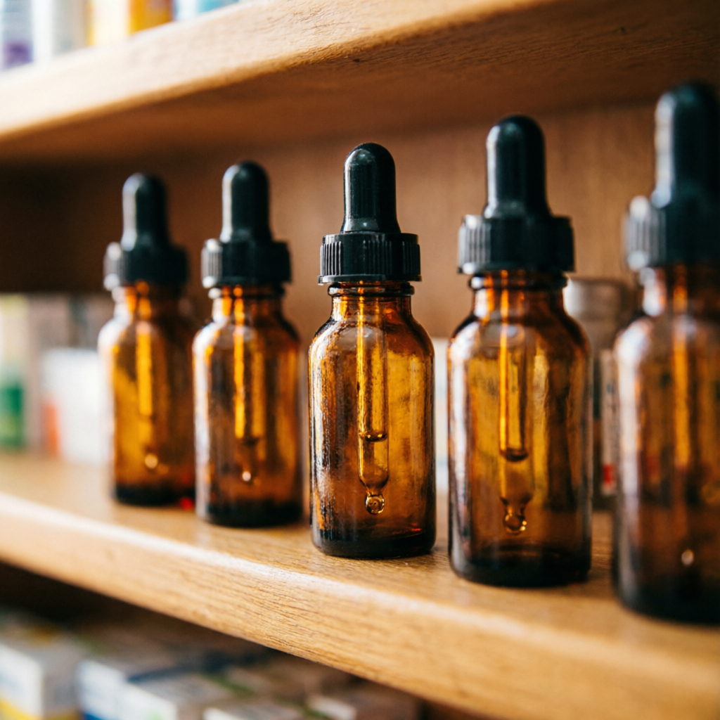 Homeopathic medicine bottles with droppers at Raj Medicose pharmacy
