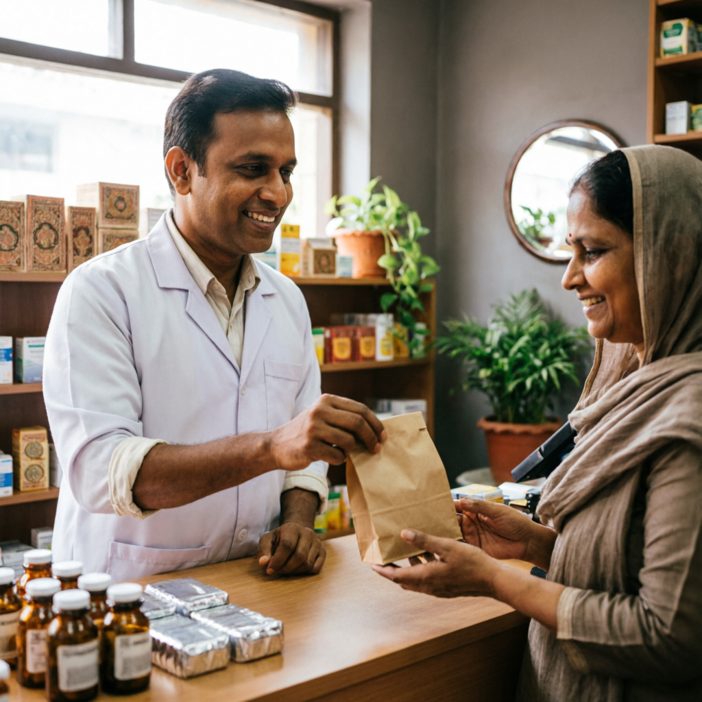 Friendly pharmacist serving a customer at Raj Medicose pharmacy counter