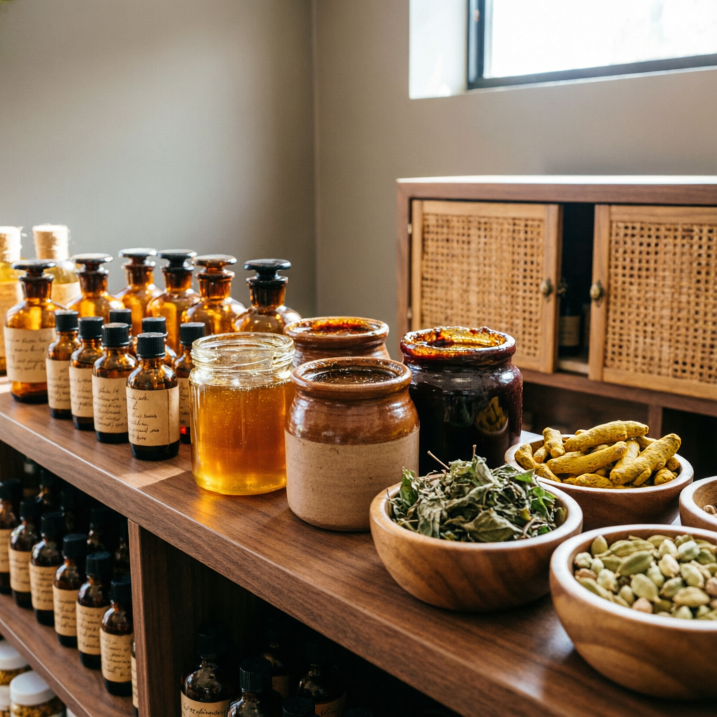 Ayurvedic products, herbs and honey jars at Raj Medicose pharmacy Nayakheda