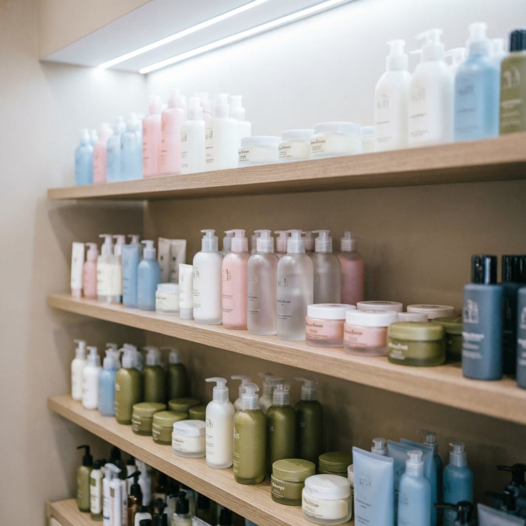 Cosmetics and personal care shelves at Raj Medicose pharmacy Nayakheda
