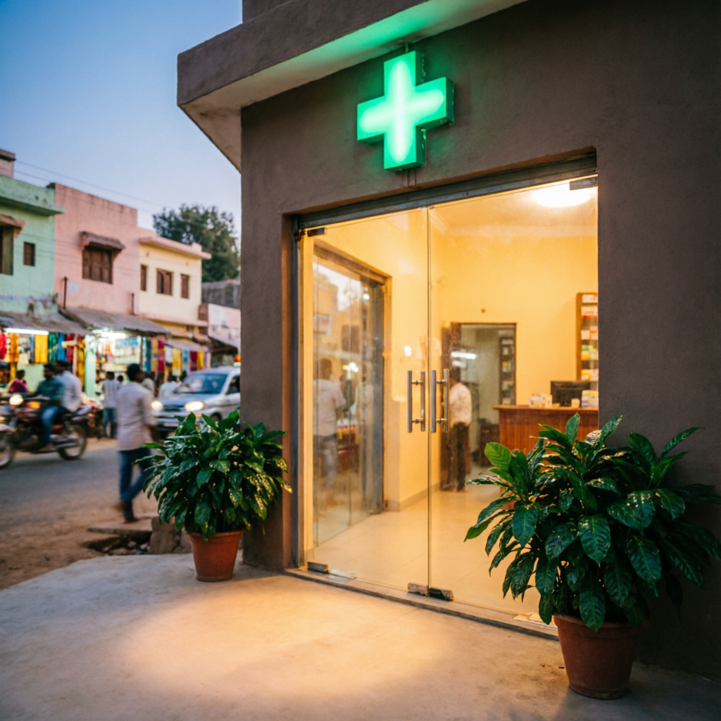 Best pharmacy in Nayakheda – Raj Medicose pharmacy storefront with glowing green cross sign