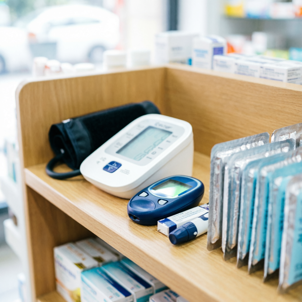 Diabetes care products, glucometer and medicine strips at Raj Medicose pharmacy Nayakheda