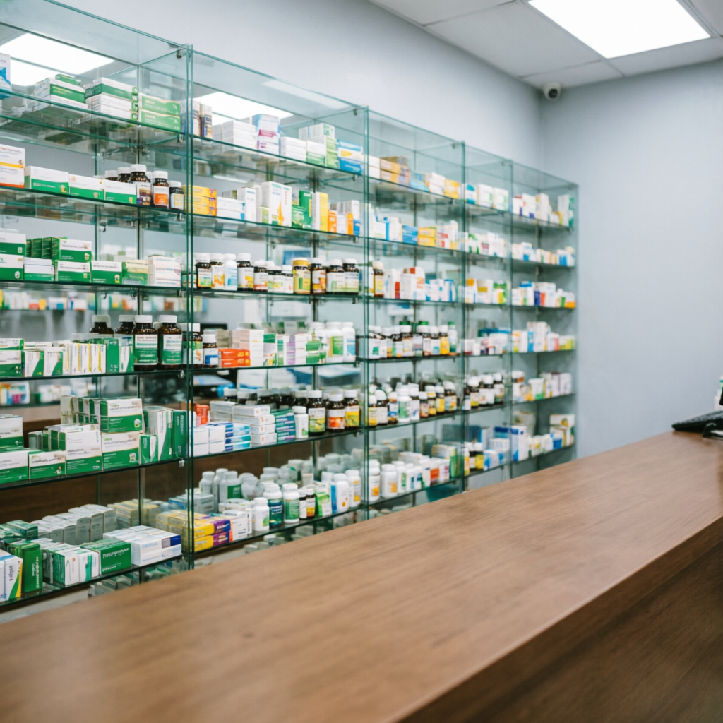 Neatly stocked medicine shelves inside Raj Medicose pharmacy and medical store Nayakheda