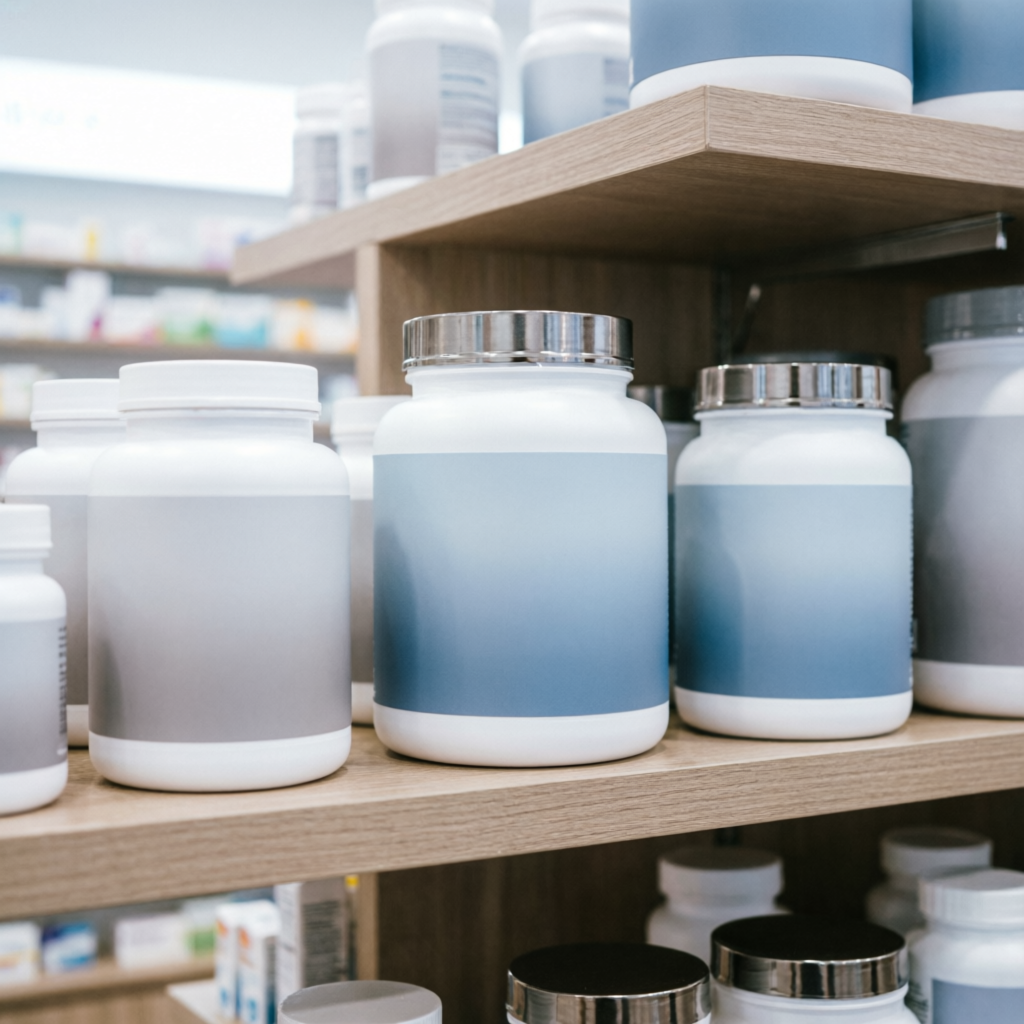 Protein powders and nutritional supplements shelf at Raj Medicose pharmacy