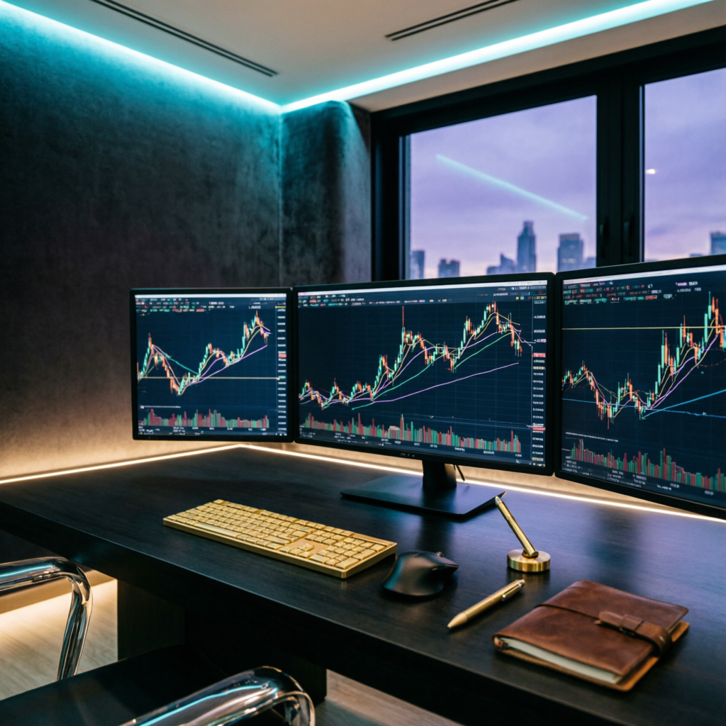 Premium trading workspace with multiple monitors showing forex charts
