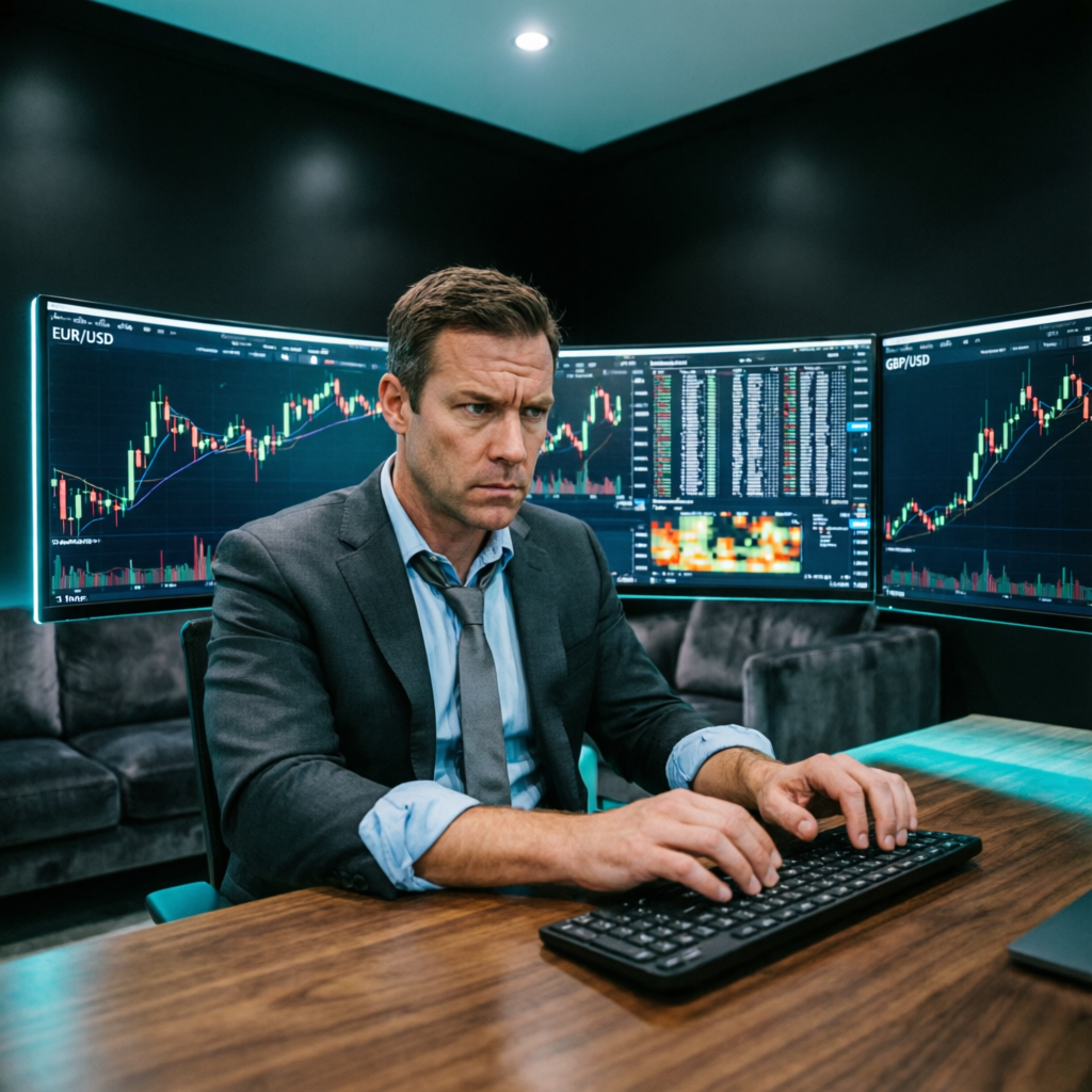 Professional forex trader analyzing EUR/USD and GBP/USD charts for funded account management