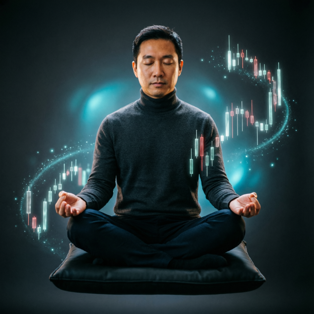 Trading psychology and discipline concept with meditating trader and floating charts