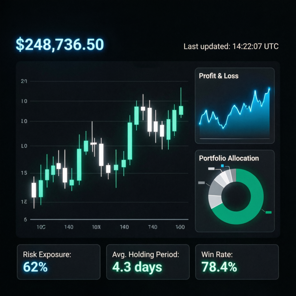 Trading dashboard showing prop firm account management performance metrics