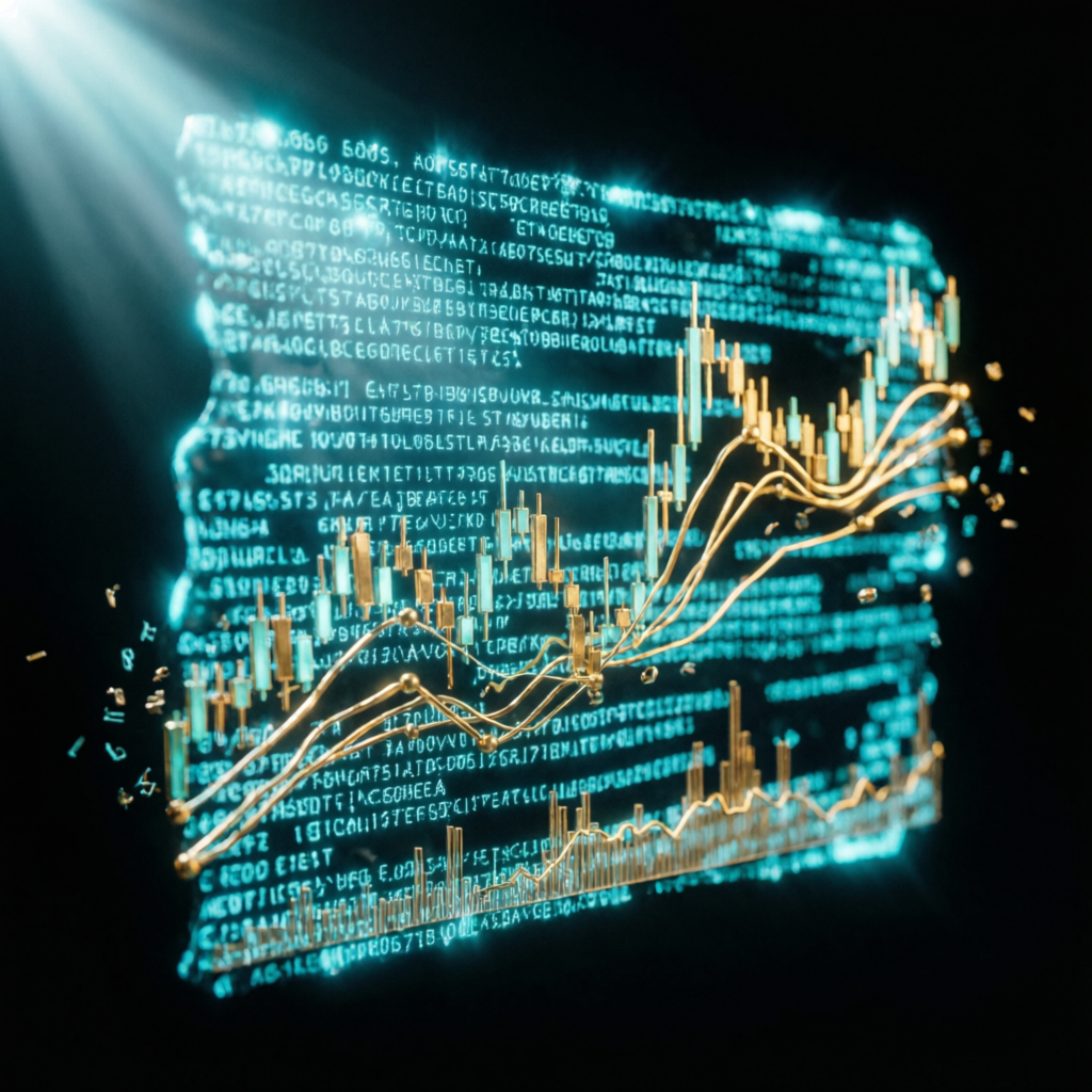 Trading algorithm and EA concept with digital code matrix and financial charts