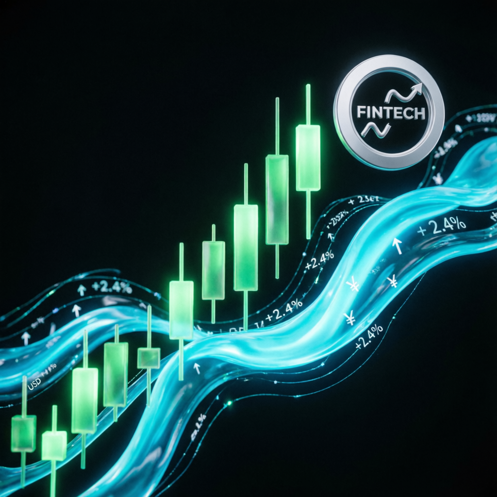 Financial growth visualization with rising candles and fintech data streams