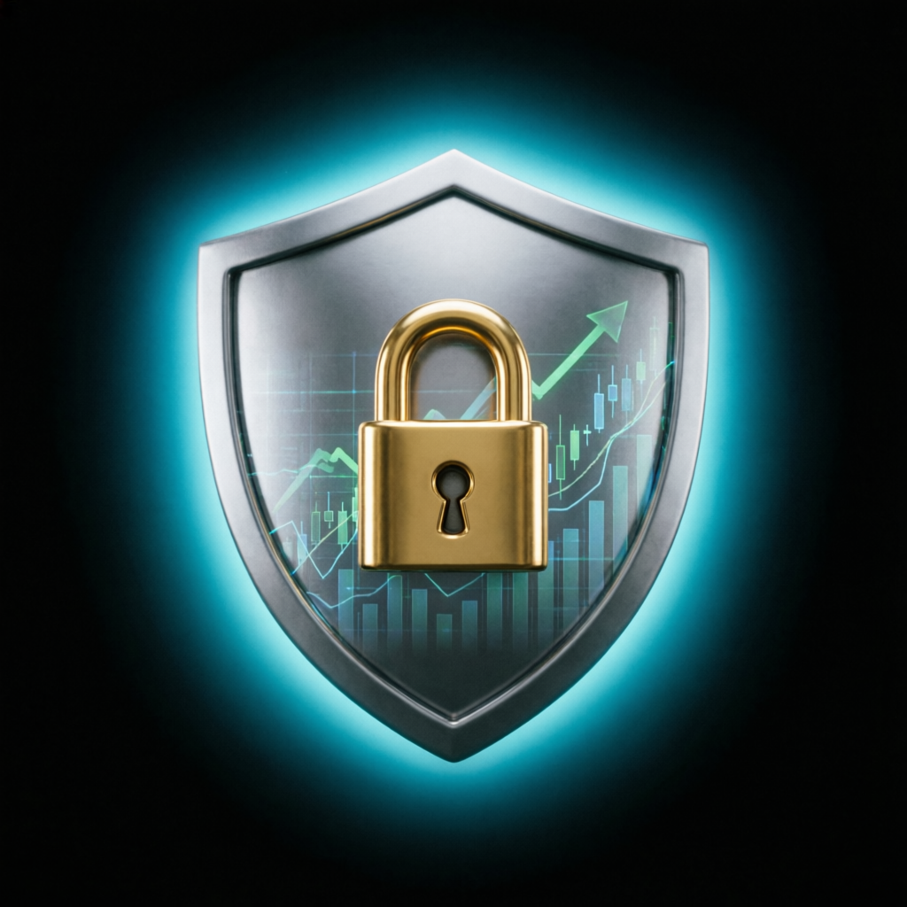 Trust and security concept with shield and financial charts for prop firm service