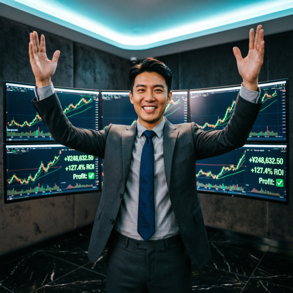 Successful trader celebrating prop firm challenge passing with raised arms
