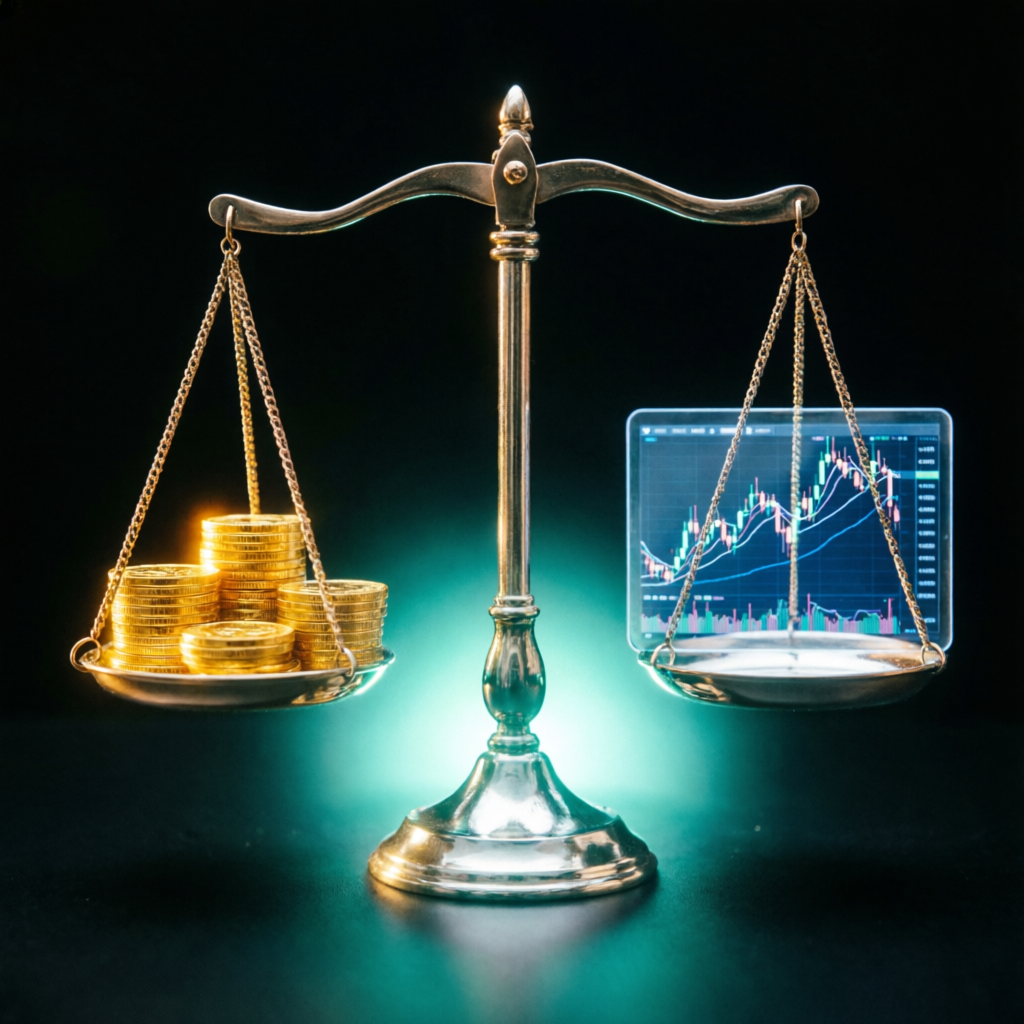 Risk management concept with balanced scales showing gold coins and trading charts