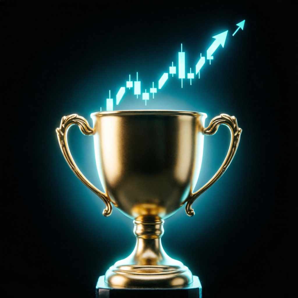 Funded trading account success with golden trophy and rising profit charts