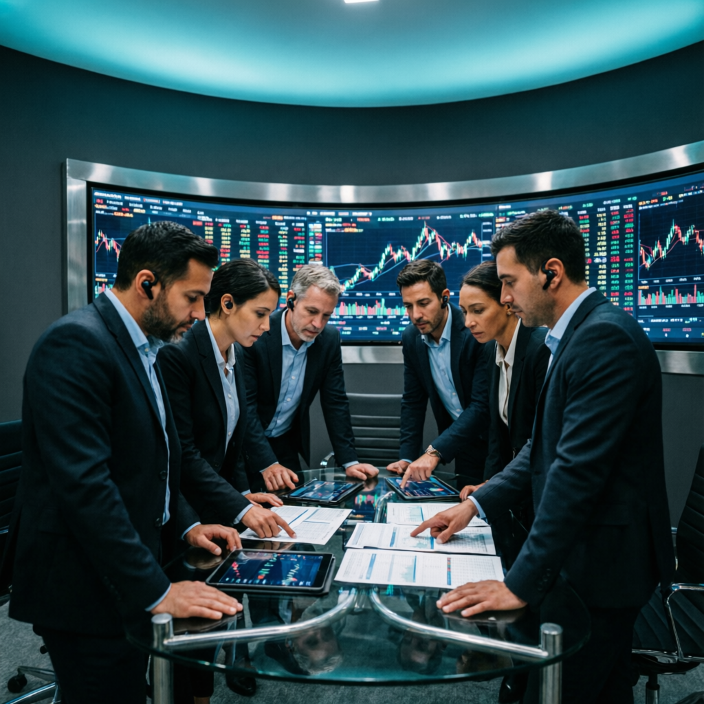 Professional team of financial analysts working together in modern trading office